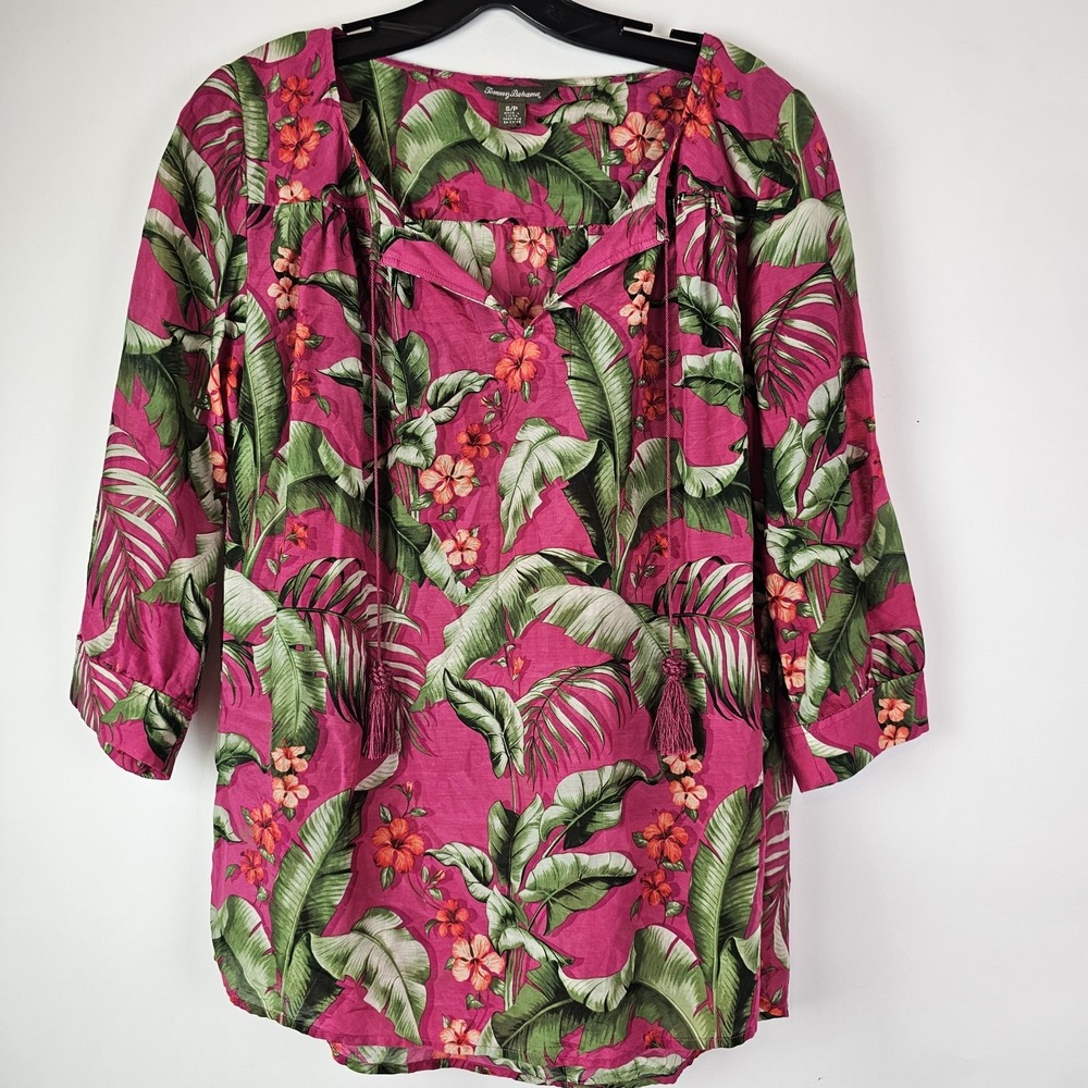 Tommy Bahama Pink Green Floral Cotton Silk Peasant Blouse Womens S Tassels Top